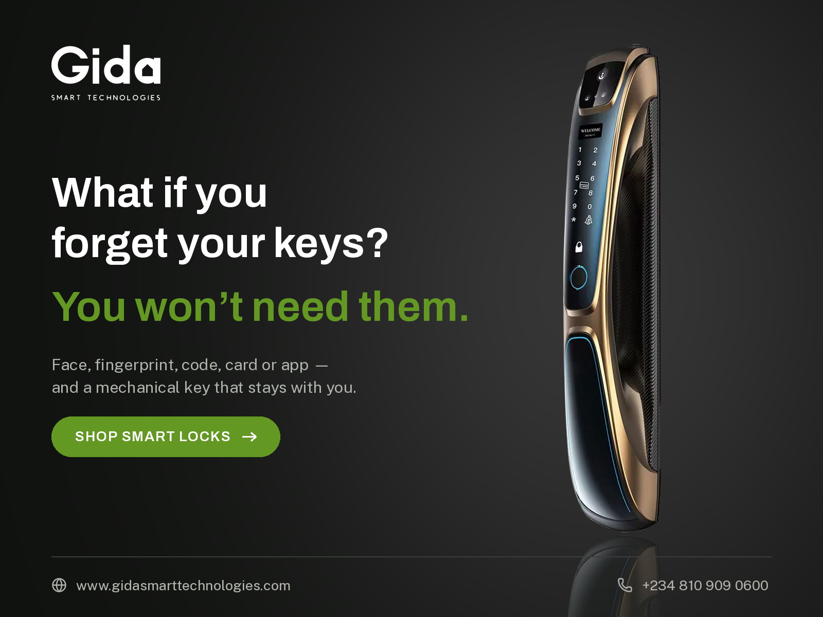What if you forget your keys? You won't need them. Gida smart lock with face, fingerprint, code, card, app and mechanical key access.